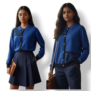 Vintage 80s 90s Alfred Dunner Tartan Plaid Colorblock Royal Blue Top Size Small